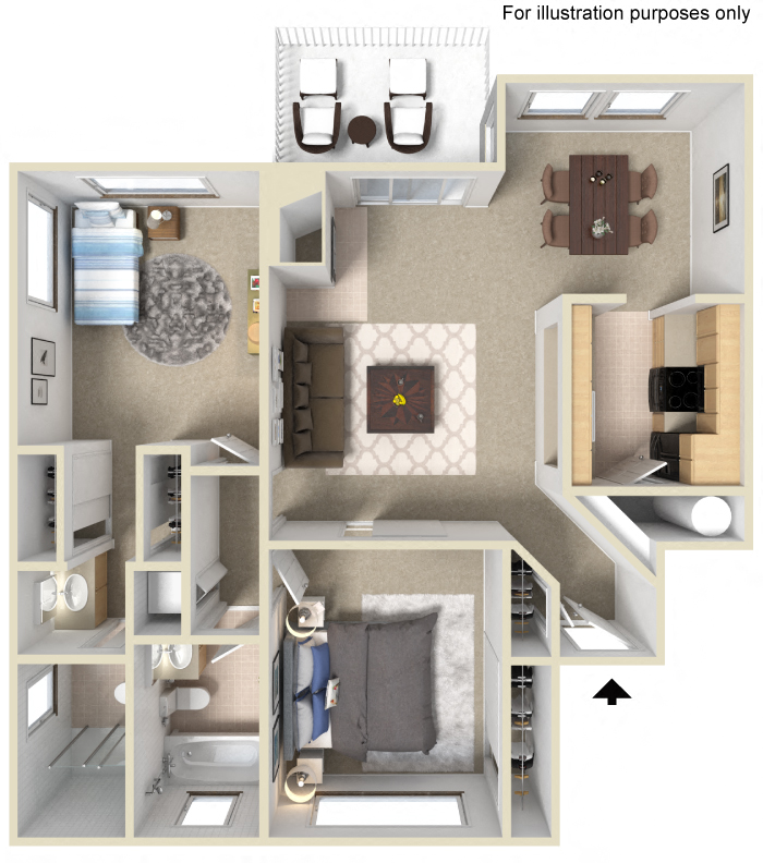Floor plan for 2 beds, 2 baths, 956 sqft